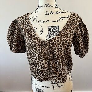 Abound Tie front puff short sleeve cotton top small Leopard print brown black